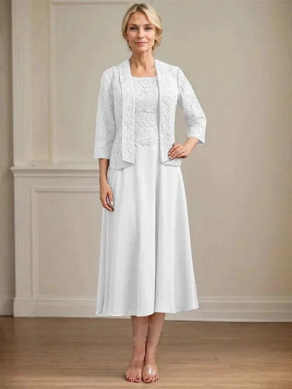 A-line Scoop Tea-Length Lace Chiffon Mother of the Bride Dress - Image 44