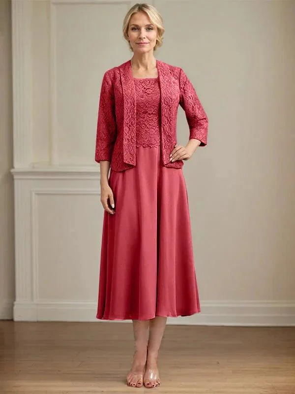 A-line Scoop Tea-Length Lace Chiffon Mother of the Bride Dress - Image 45