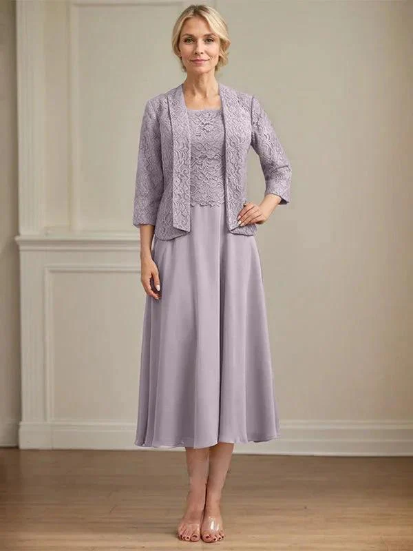 A-line Scoop Tea-Length Lace Chiffon Mother of the Bride Dress - Image 46