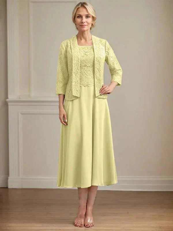 A-line Scoop Tea-Length Lace Chiffon Mother of the Bride Dress - Image 47