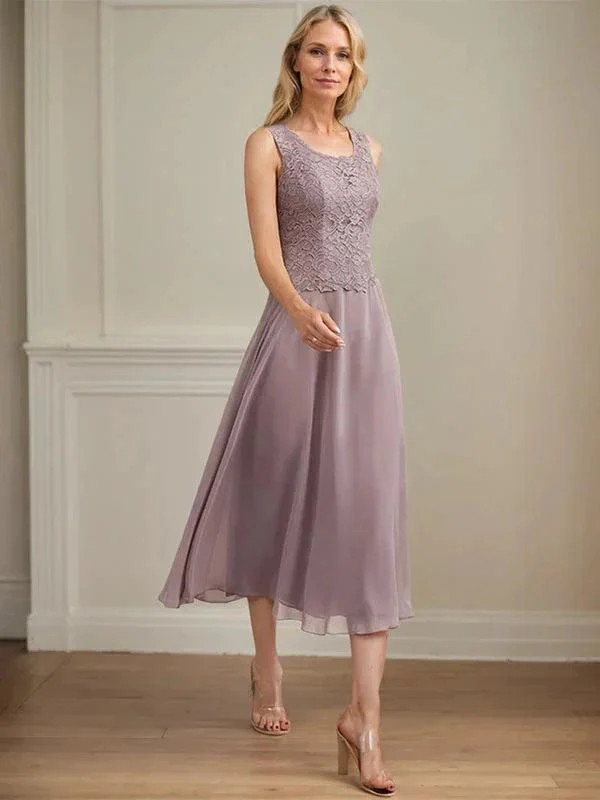 A-line Scoop Tea-Length Lace Chiffon Mother of the Bride Dress - Image 6