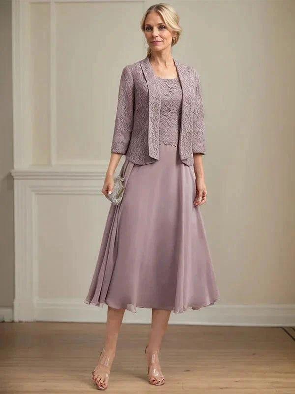 A-line Scoop Tea-Length Lace Chiffon Mother of the Bride Dress - Image 7