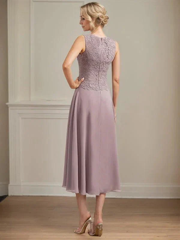 A-line Scoop Tea-Length Lace Chiffon Mother of the Bride Dress - Image 8