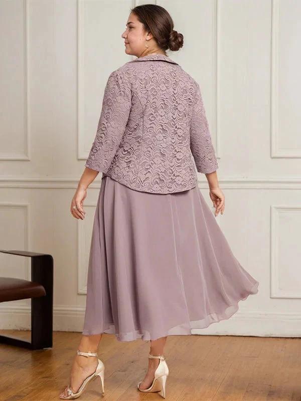 A-line Scoop Tea-Length Lace Chiffon Mother of the Bride Dress - Image 9