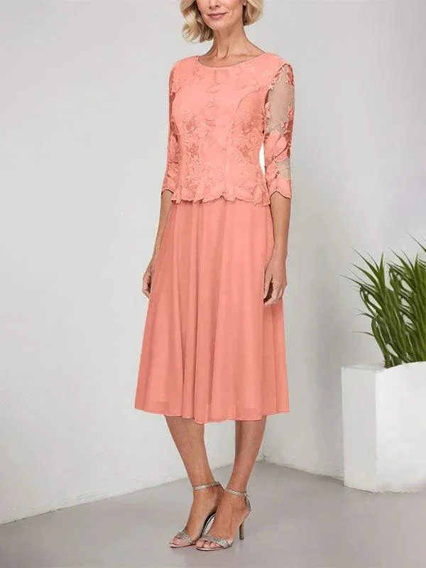 A-line Scoop Tea-Length Lace Chiffon Mother of the Bride Dress With Embroidery - Image 10