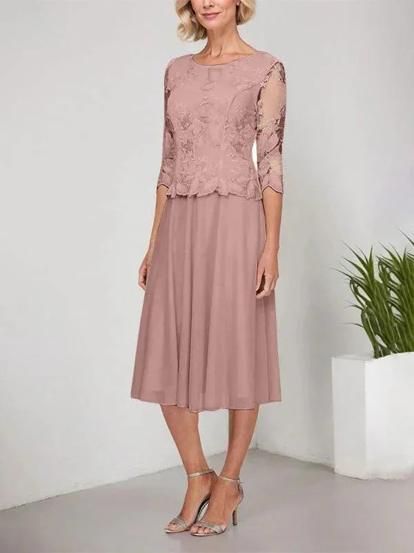 A-line Scoop Tea-Length Lace Chiffon Mother of the Bride Dress With Embroidery - Image 11