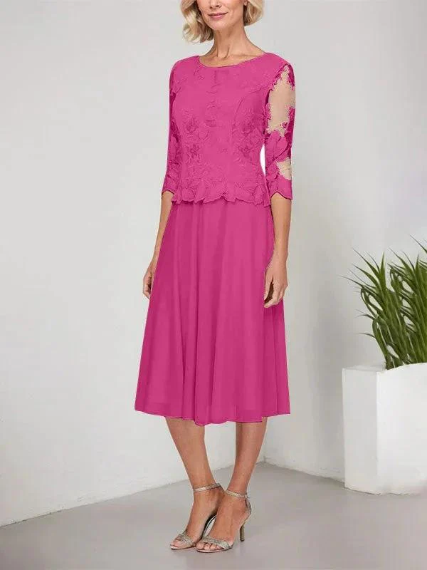 A-line Scoop Tea-Length Lace Chiffon Mother of the Bride Dress With Embroidery - Image 12