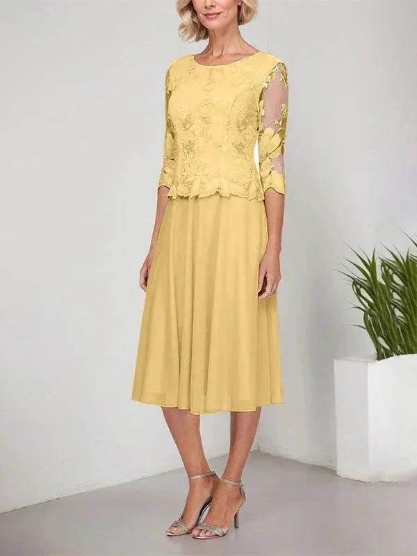 A-line Scoop Tea-Length Lace Chiffon Mother of the Bride Dress With Embroidery - Image 13