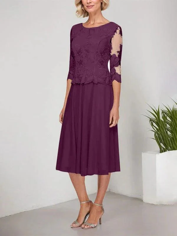 A-line Scoop Tea-Length Lace Chiffon Mother of the Bride Dress With Embroidery - Image 14
