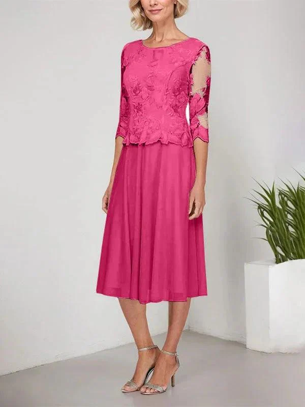 A-line Scoop Tea-Length Lace Chiffon Mother of the Bride Dress With Embroidery - Image 15