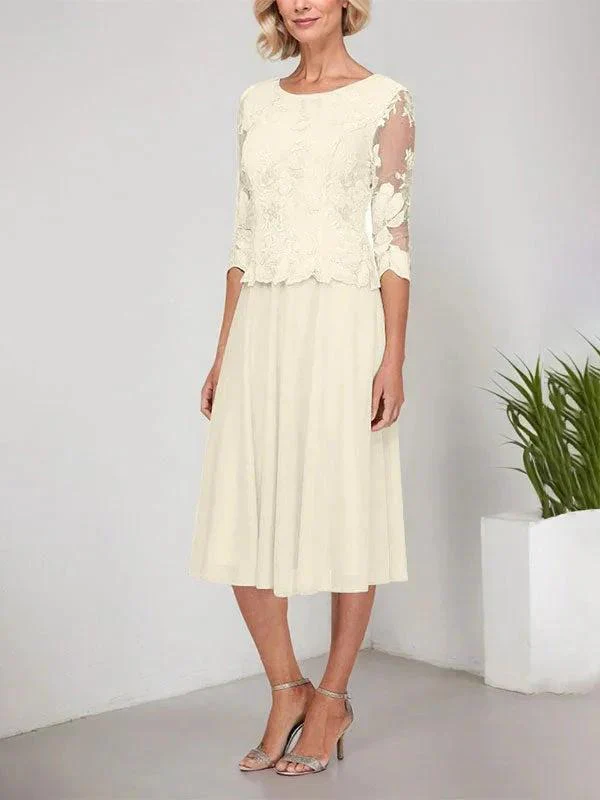 A-line Scoop Tea-Length Lace Chiffon Mother of the Bride Dress With Embroidery - Image 16