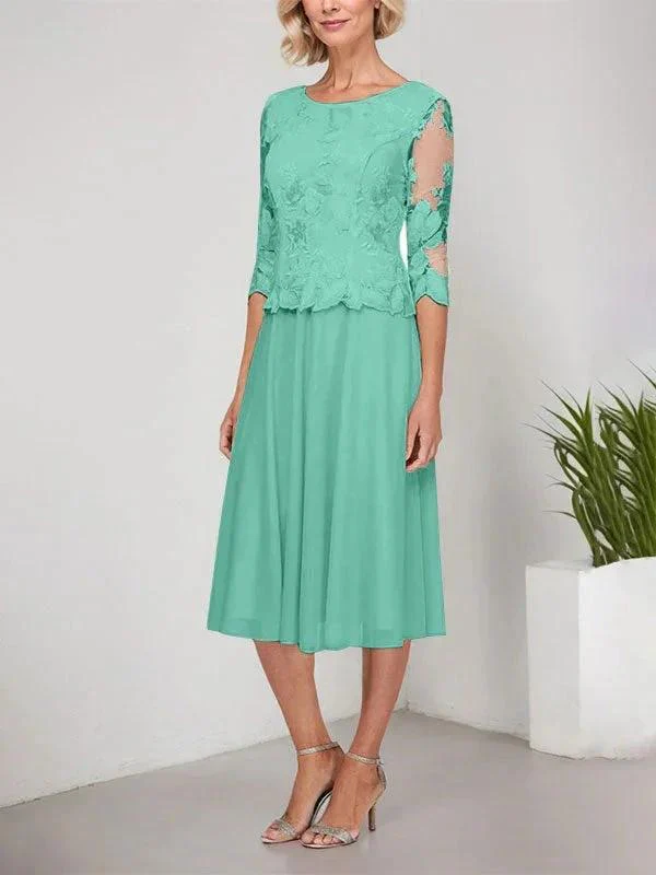 A-line Scoop Tea-Length Lace Chiffon Mother of the Bride Dress With Embroidery - Image 17