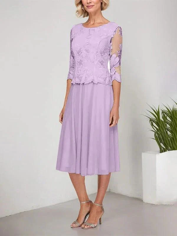 A-line Scoop Tea-Length Lace Chiffon Mother of the Bride Dress With Embroidery - Image 18