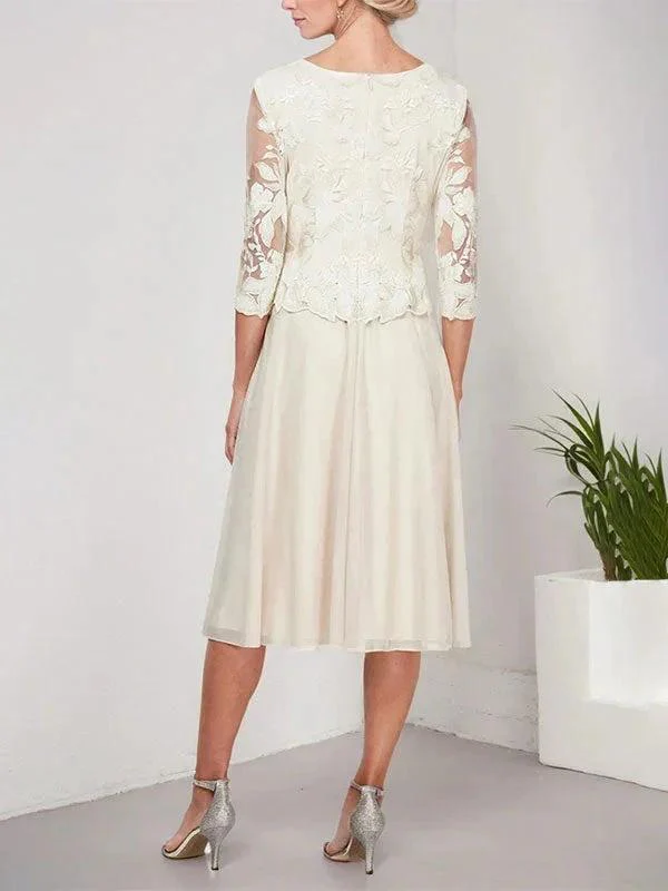 A-line Scoop Tea-Length Lace Chiffon Mother of the Bride Dress With Embroidery - Image 2