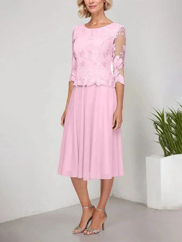 A-line Scoop Tea-Length Lace Chiffon Mother of the Bride Dress With Embroidery - Image 20