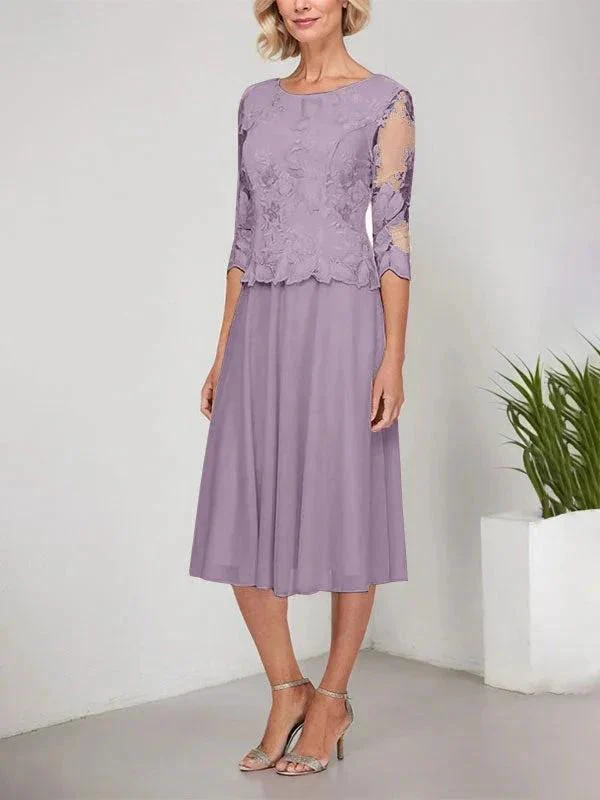 A-line Scoop Tea-Length Lace Chiffon Mother of the Bride Dress With Embroidery - Image 21