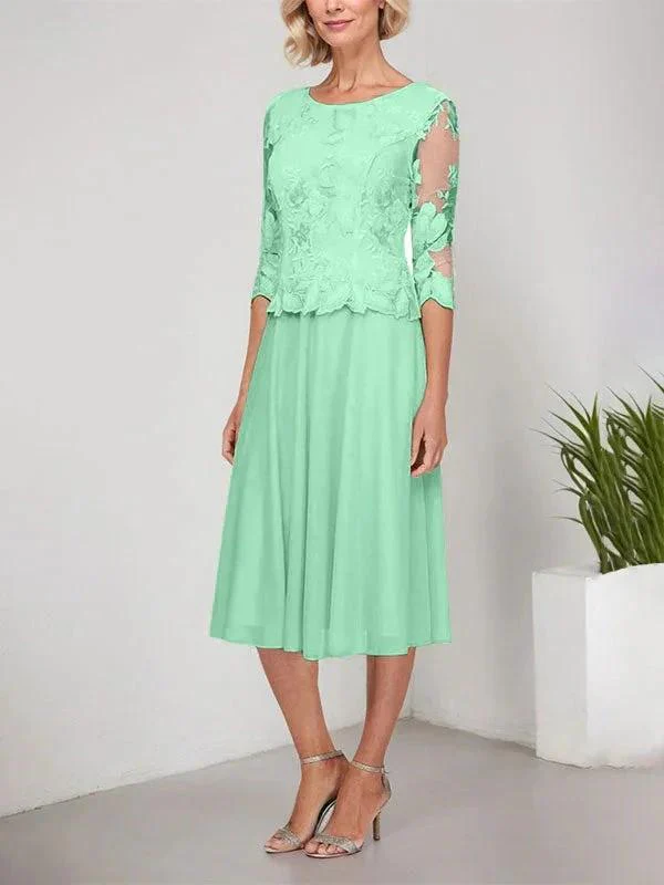 A-line Scoop Tea-Length Lace Chiffon Mother of the Bride Dress With Embroidery - Image 22