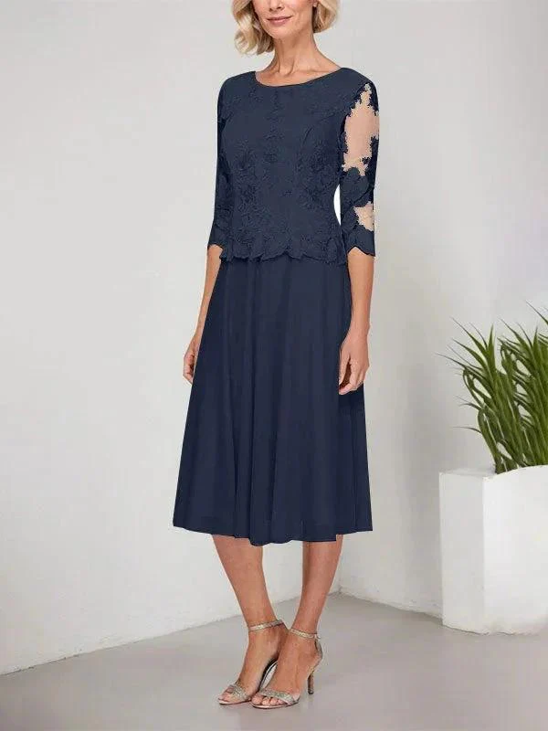 A-line Scoop Tea-Length Lace Chiffon Mother of the Bride Dress With Embroidery - Image 23