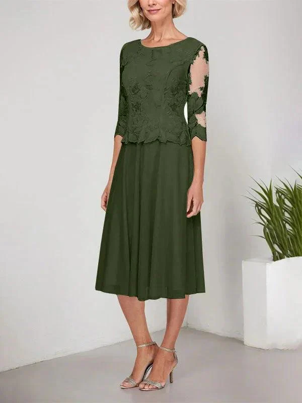 A-line Scoop Tea-Length Lace Chiffon Mother of the Bride Dress With Embroidery - Image 24
