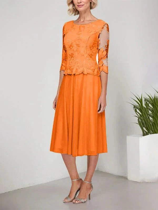 A-line Scoop Tea-Length Lace Chiffon Mother of the Bride Dress With Embroidery - Image 25