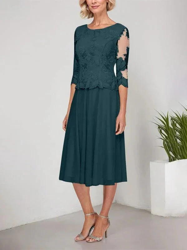 A-line Scoop Tea-Length Lace Chiffon Mother of the Bride Dress With Embroidery - Image 26