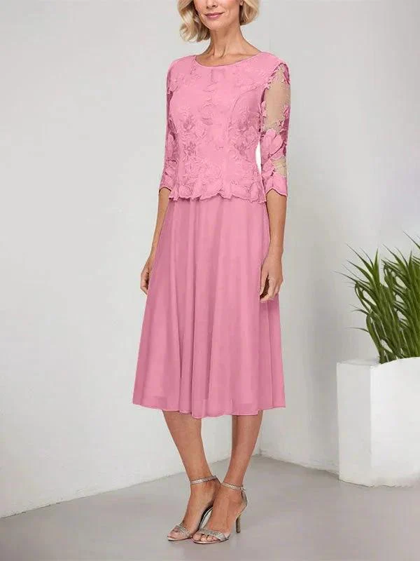 A-line Scoop Tea-Length Lace Chiffon Mother of the Bride Dress With Embroidery - Image 27