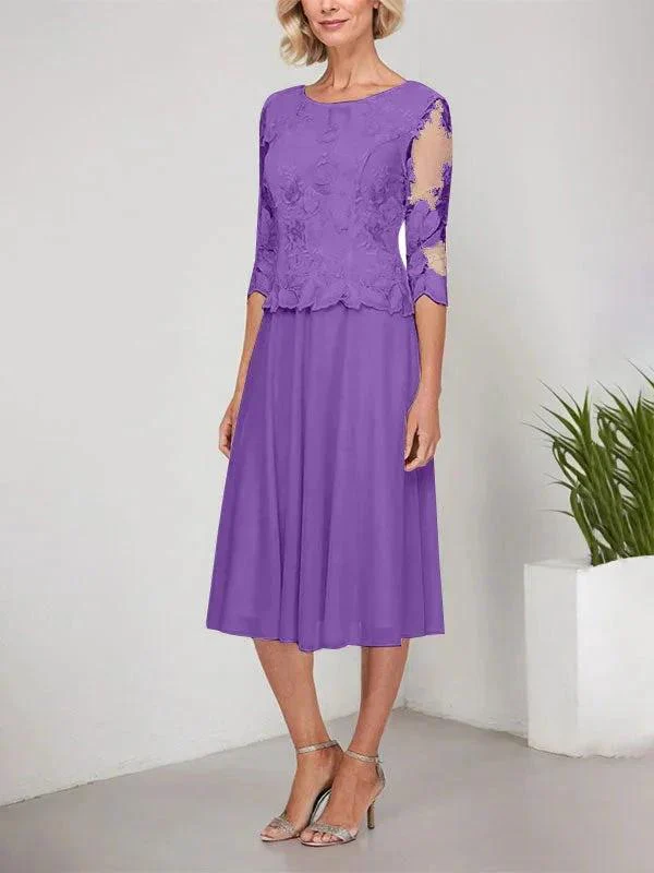 A-line Scoop Tea-Length Lace Chiffon Mother of the Bride Dress With Embroidery - Image 28