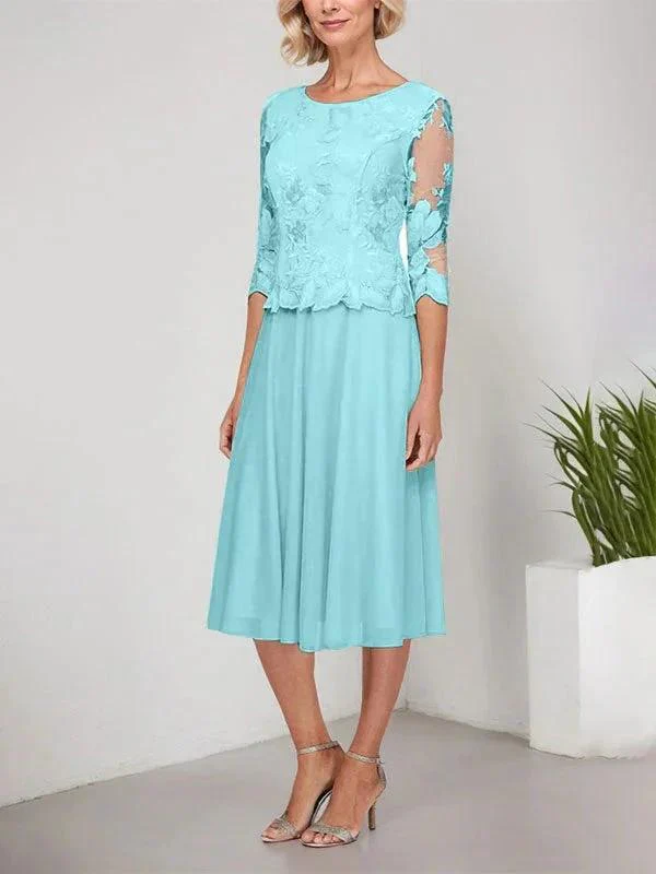 A-line Scoop Tea-Length Lace Chiffon Mother of the Bride Dress With Embroidery - Image 3