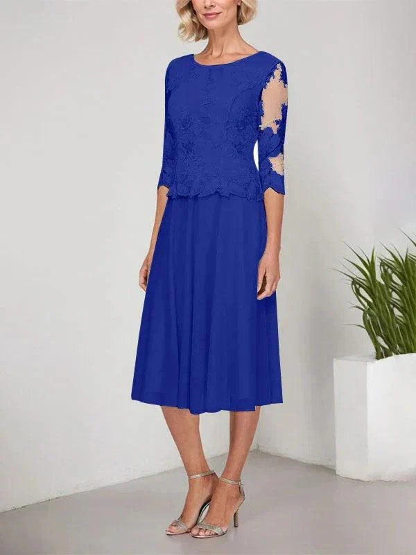 A-line Scoop Tea-Length Lace Chiffon Mother of the Bride Dress With Embroidery - Image 30