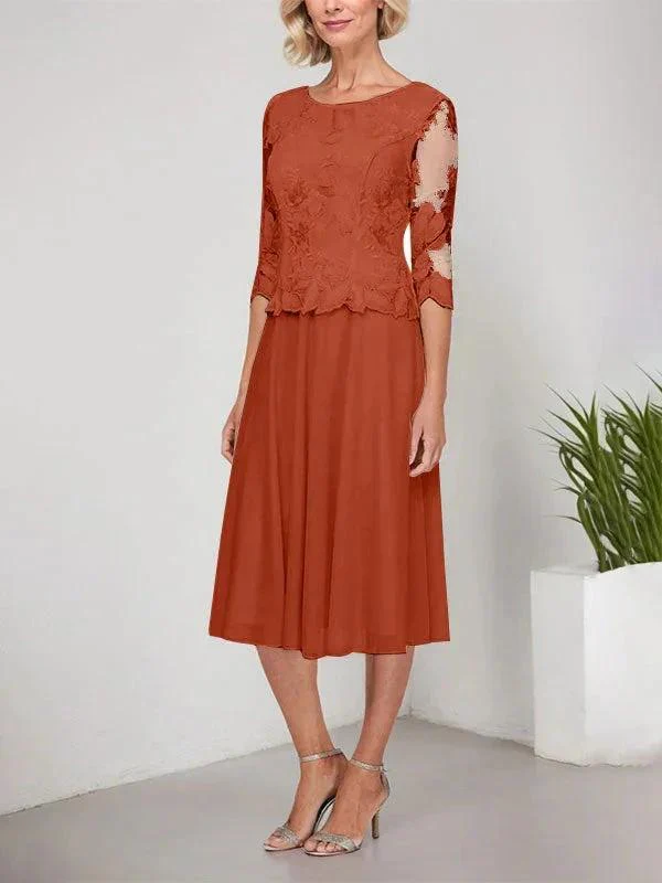 A-line Scoop Tea-Length Lace Chiffon Mother of the Bride Dress With Embroidery - Image 31