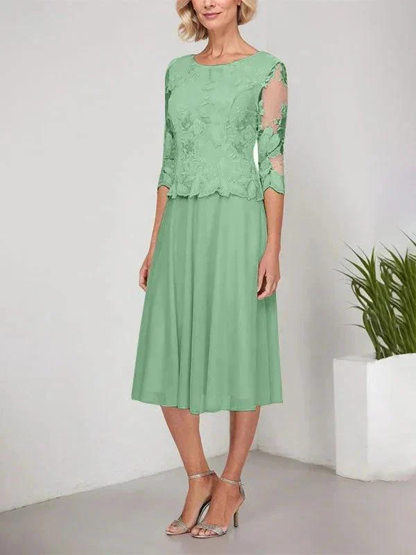A-line Scoop Tea-Length Lace Chiffon Mother of the Bride Dress With Embroidery - Image 32