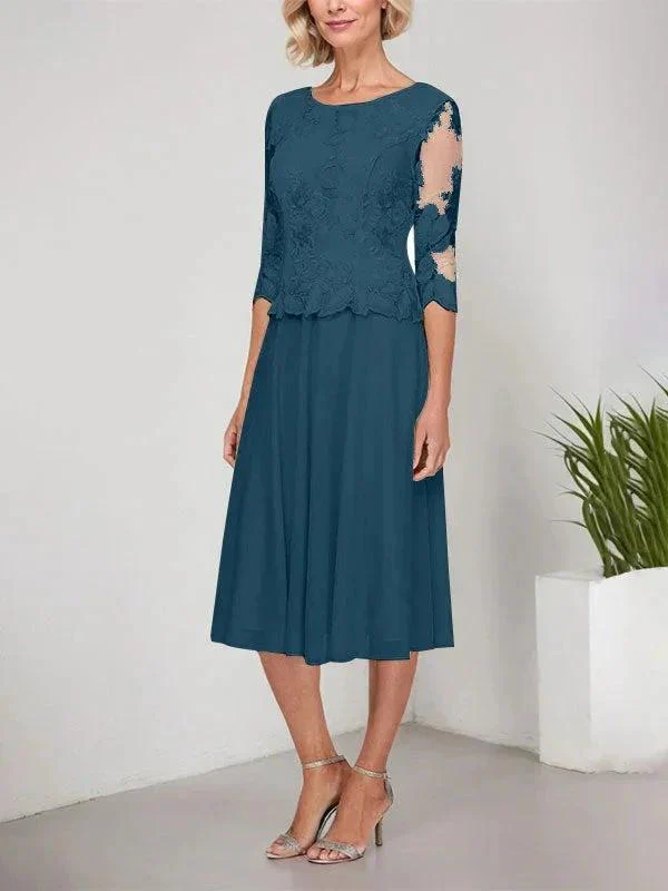 A-line Scoop Tea-Length Lace Chiffon Mother of the Bride Dress With Embroidery - Image 33