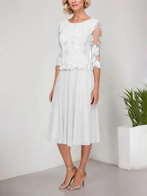A-line Scoop Tea-Length Lace Chiffon Mother of the Bride Dress With Embroidery - Image 34
