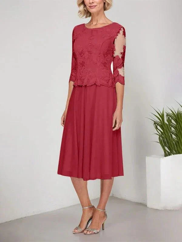 A-line Scoop Tea-Length Lace Chiffon Mother of the Bride Dress With Embroidery - Image 35