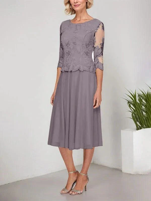 A-line Scoop Tea-Length Lace Chiffon Mother of the Bride Dress With Embroidery - Image 36