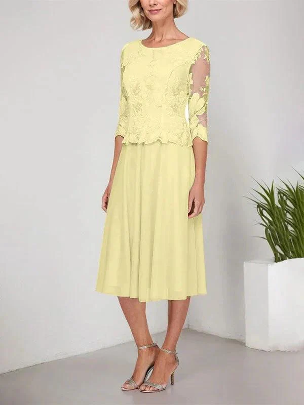 A-line Scoop Tea-Length Lace Chiffon Mother of the Bride Dress With Embroidery - Image 37