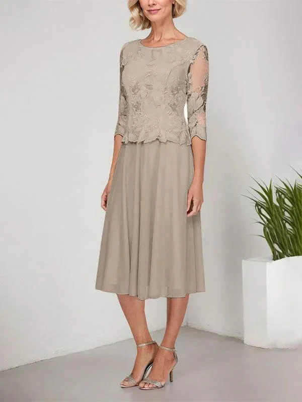 A-line Scoop Tea-Length Lace Chiffon Mother of the Bride Dress With Embroidery - Image 38