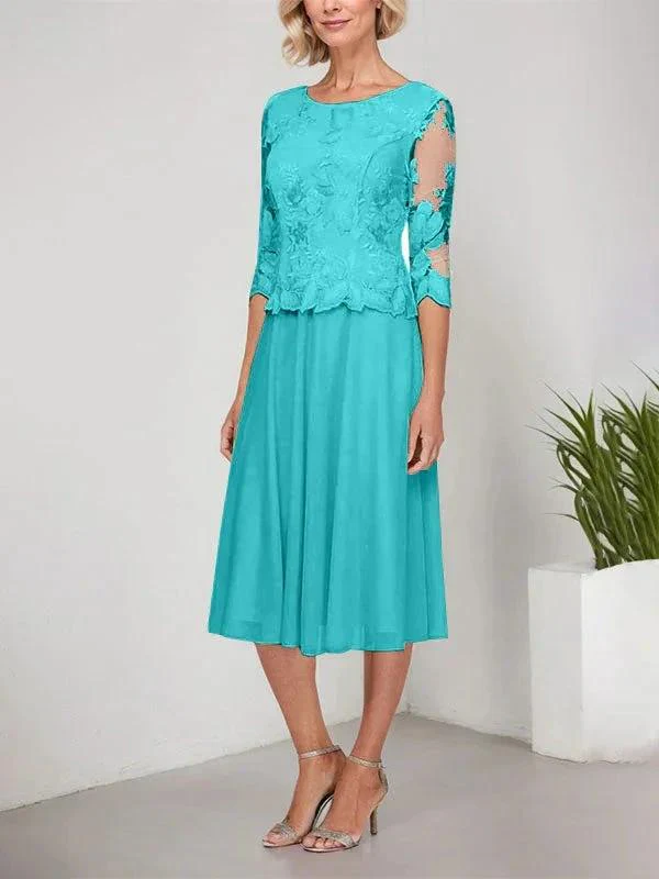 A-line Scoop Tea-Length Lace Chiffon Mother of the Bride Dress With Embroidery - Image 39