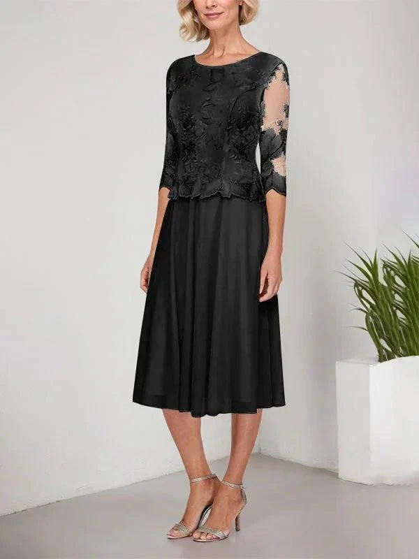 A-line Scoop Tea-Length Lace Chiffon Mother of the Bride Dress With Embroidery - Image 4