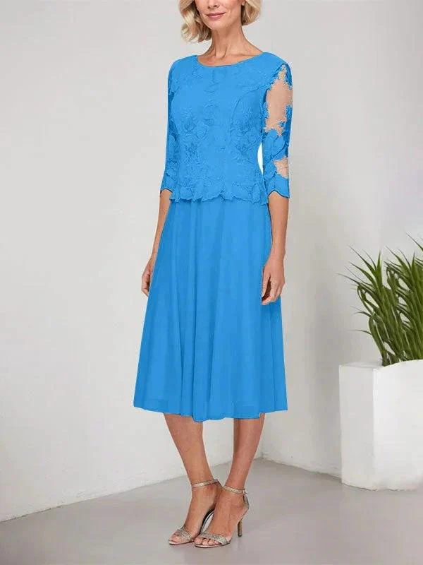 A-line Scoop Tea-Length Lace Chiffon Mother of the Bride Dress With Embroidery - Image 5