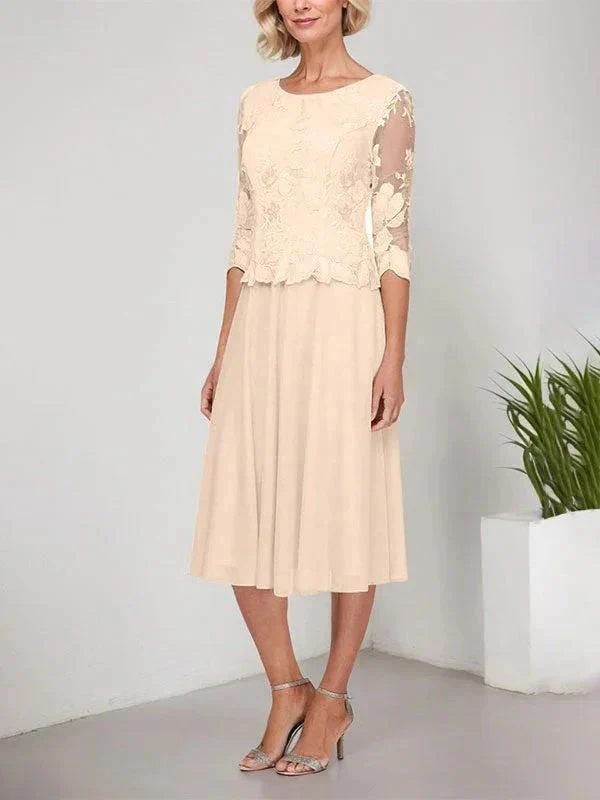 A-line Scoop Tea-Length Lace Chiffon Mother of the Bride Dress With Embroidery - Image 6