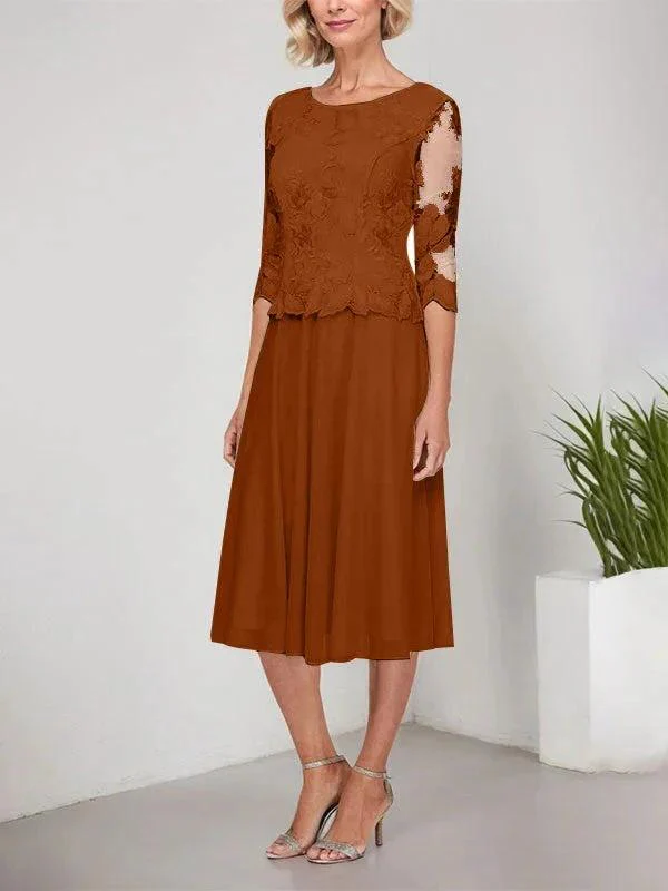 A-line Scoop Tea-Length Lace Chiffon Mother of the Bride Dress With Embroidery - Image 7