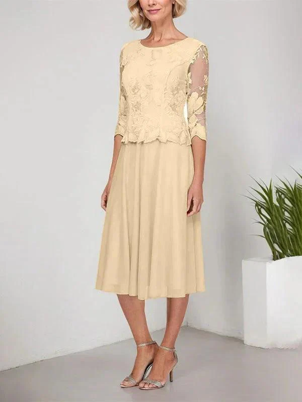A-line Scoop Tea-Length Lace Chiffon Mother of the Bride Dress With Embroidery - Image 8