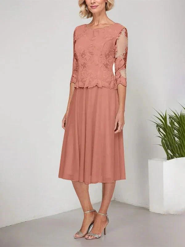 A-line Scoop Tea-Length Lace Chiffon Mother of the Bride Dress With Embroidery - Image 9