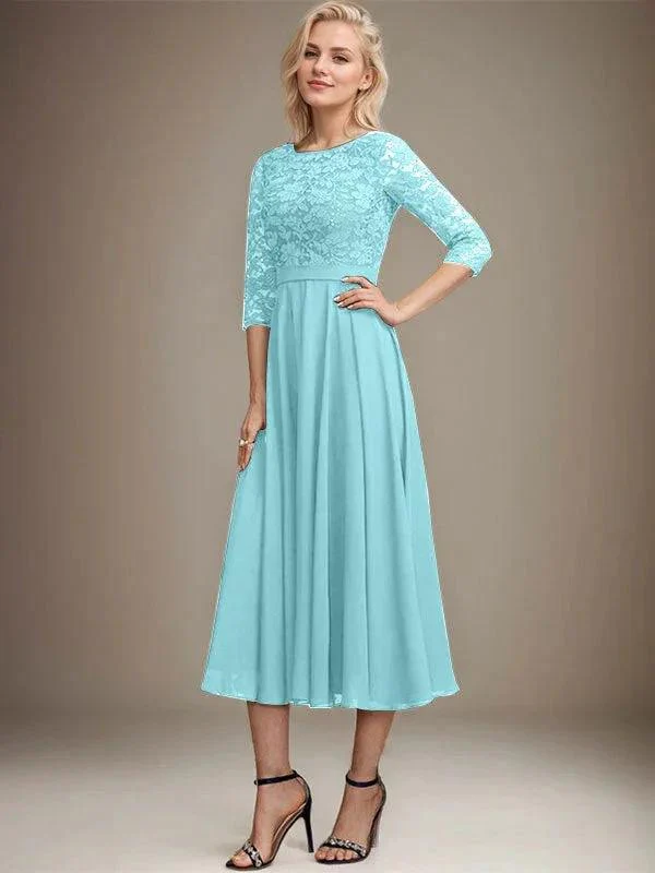 A-line Scoop Tea-Length Lace Chiffon Mother of the Bride Dress With Sequins - Image 10