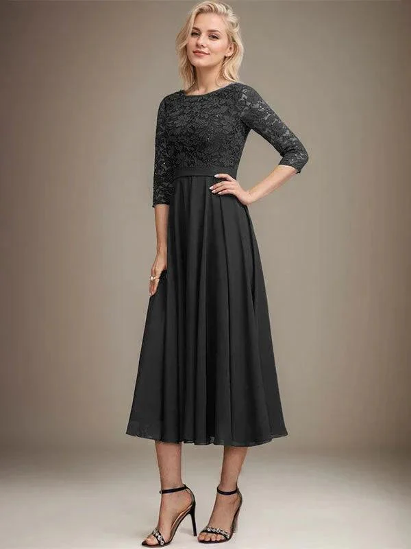 A-line Scoop Tea-Length Lace Chiffon Mother of the Bride Dress With Sequins - Image 11