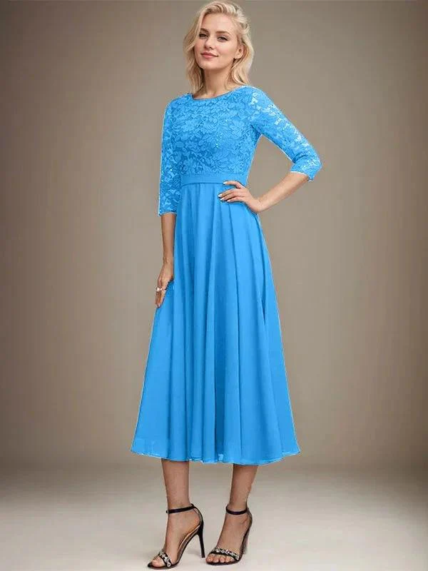A-line Scoop Tea-Length Lace Chiffon Mother of the Bride Dress With Sequins - Image 12