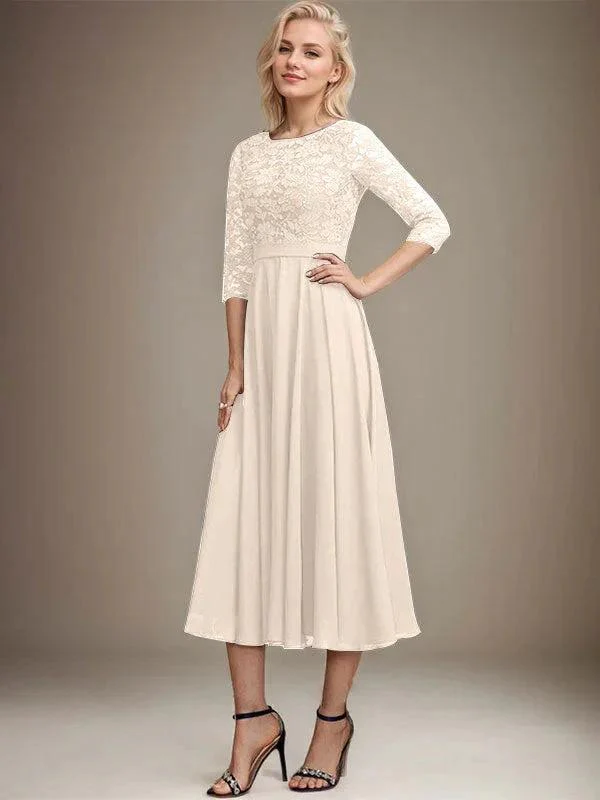 A-line Scoop Tea-Length Lace Chiffon Mother of the Bride Dress With Sequins - Image 13