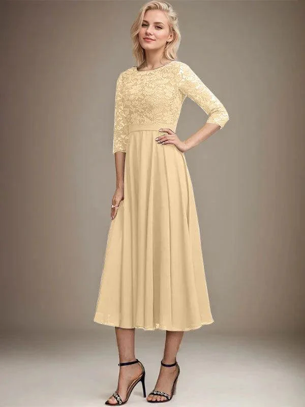 A-line Scoop Tea-Length Lace Chiffon Mother of the Bride Dress With Sequins - Image 14