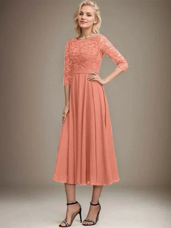A-line Scoop Tea-Length Lace Chiffon Mother of the Bride Dress With Sequins - Image 15
